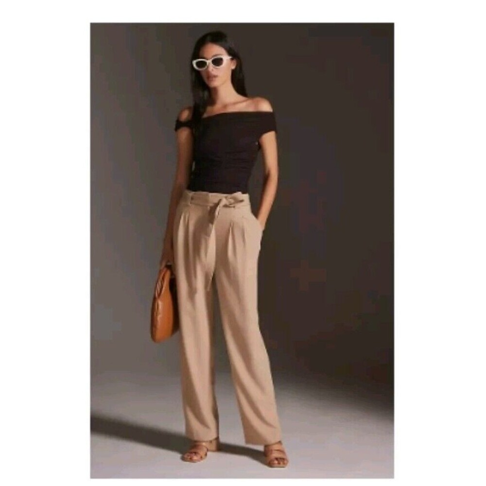 Anthropologie Maeve Women’s 12P Honey Beige Tie Waist Wide Leg Tailored Pants